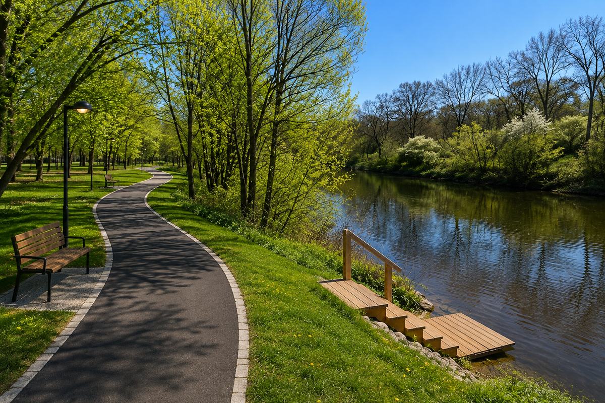 Vizualizace: promenáda podél řeky se schůdky k vodě v Novém Dražejově